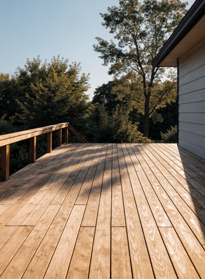A wooden deck with evenly cleaned boards and visible grain.