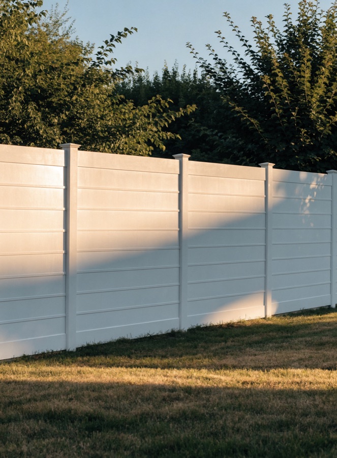 A clean white privacy fence in a suburban backyard.